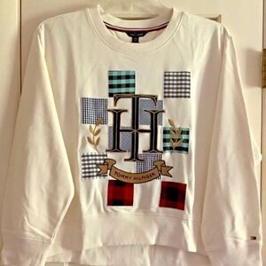 NWT Tommy HILFIGER NEW WITH TAG PATCHWORK IVORY CREWNECK WOMAN SWEATSHIRT SI…